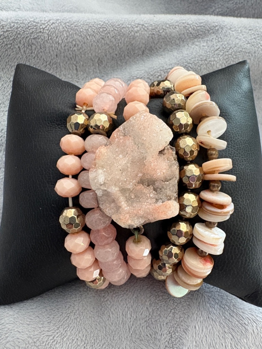 Pink Multi-Strand Beaded Bracelet Set with Raw Stone Accent